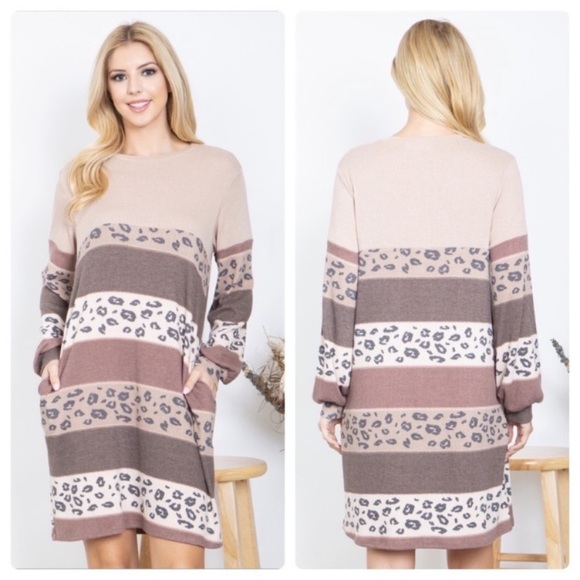 🤎LAST1️⃣🤎New Adorable Color Block Leopard Print Rib Knit Dress - Picture 1 of 8